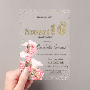 Gold Tiara,Confetti,Eiffel Tower Striped Sweet 16 Acrylic Invitations