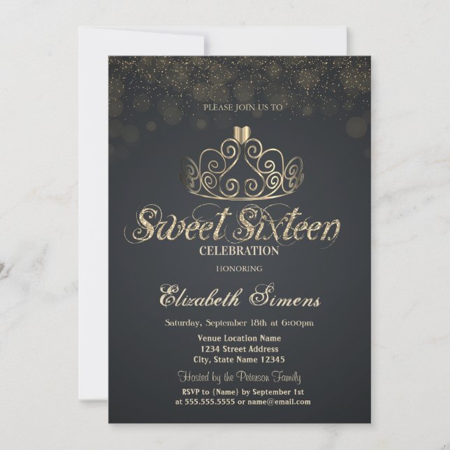 Gold Tiara Confetti Princess Gray Sweet 16 Invitation (Front)