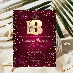 Gold Tiara,Diamonds Burgundy 18th Birthday Party Invitation