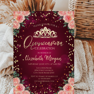 Gold Tiara,Diamonds Burgundy Floral Quinceañera Invitation
