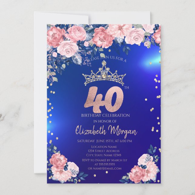 Gold Tiara Diamonds Flowers Blue 40th Birthday Invitation (Front)