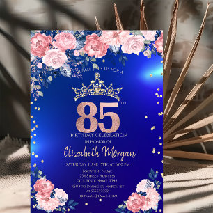 Gold Tiara Diamonds Flowers Blue 85th Birthday Invitation