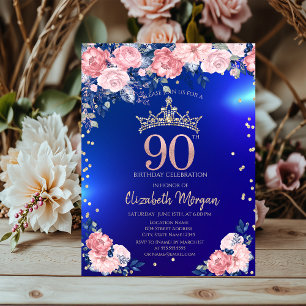 Gold Tiara Diamonds Flowers Blue 90th Birthday Invitation
