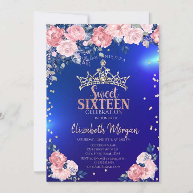 Gold Tiara Diamonds Flowers Blue Sweet 16 Invitation (Front)