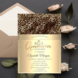  Gold Tiara,Diamonds Leopard Print Quinceañera  Invitation