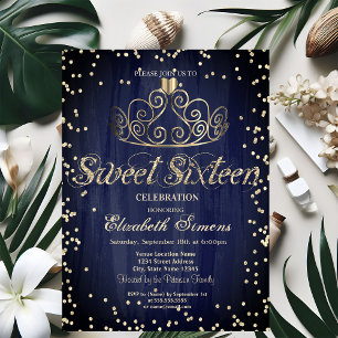 Gold Tiara Diamonds Princess Navy Blue Sweet 16 Invitation