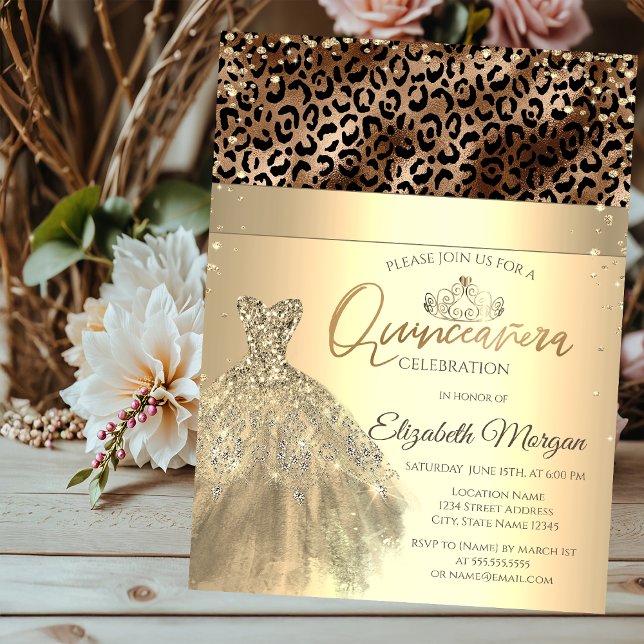  Gold Tiara,Dress Leopard Print Quinceañera  Invitation (Creator Uploaded)