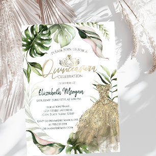 Gold Tiara Dress Tropical Leaves Quinceañera Invitation