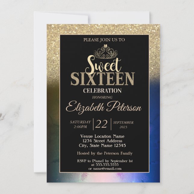 Gold Tiara Glitter Bokeh Ombre Colourful Sweet 16 Invitation (Front)