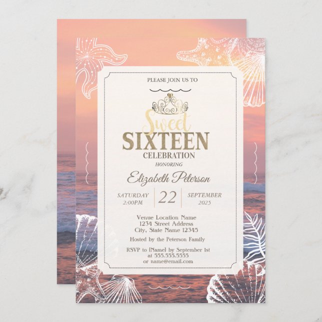 Gold Tiara Glitter Bokeh Ombre Sweet 16 Party Invi Invitation (Front/Back)
