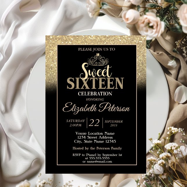 Gold Tiara Glitter Bokeh Ombre Sweet 16 Party Invitation (Creator Uploaded)