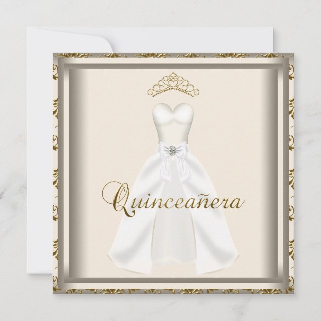 Gold Tiara Party Dress Gold Quinceanera Invitation (Front)