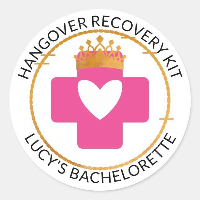 Gold Tiara Pink Bachelorette Hangover Recovery Kit Classic Round Sticker (Front)