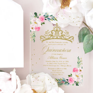 Gold Tiara Pink Flowers Quinceañera Acrylic Invitations