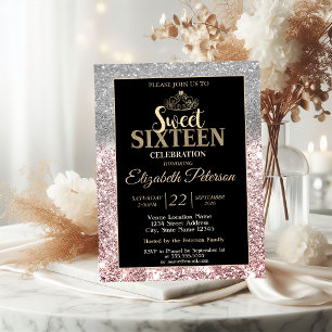 Gold Tiara Silver Bokeh Rose Gold Glitter Sweet 16 Invitation