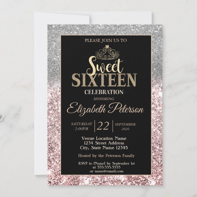 Gold Tiara Silver Bokeh Rose Gold Glitter Sweet 16 Invitation (Front)