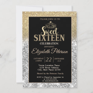 Gold Tiara Silver Gold Glitter Bokeh Sweet 16 Invitation
