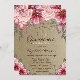 Gold Tiara,String Lights Flowers Kraft Quinceañera Invitation