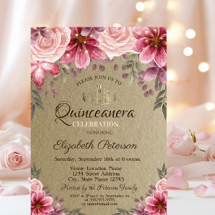 Gold Tiara,String Lights Flowers Kraft Quinceañera Invitation