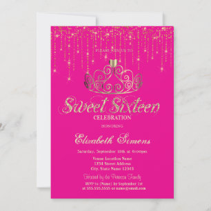 Gold Tiara String Lights Princess Pink Sweet 16 Invitation