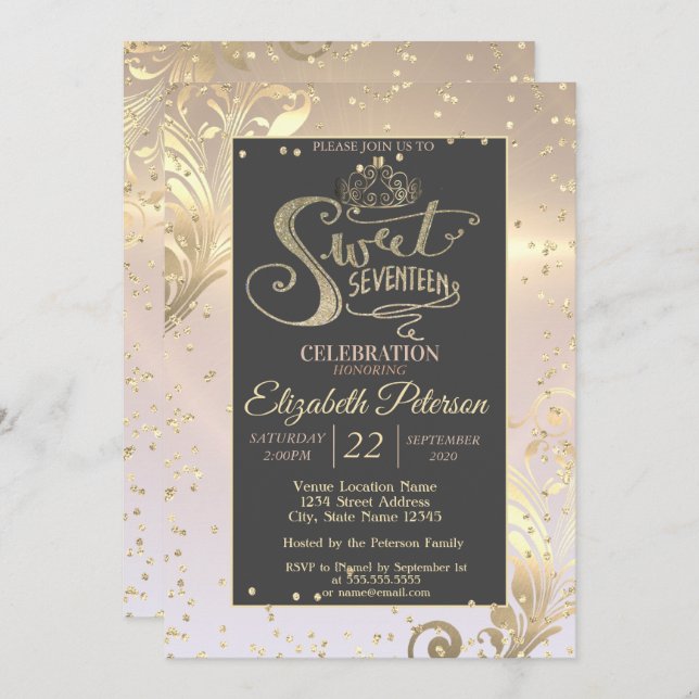 Gold Tiara Sweet Diamonds 17 Birthday Invitation (Front/Back)