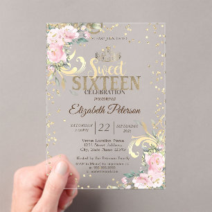 Gold Tiara Sweet Diamonds Flowers 16 Party  Acrylic Invitations