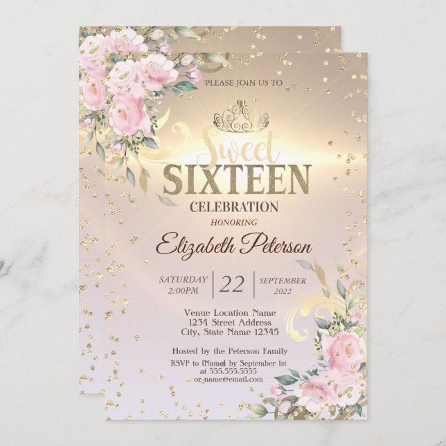 Gold Tiara Sweet Diamonds Flowers 16 Party  Invitation (Front/Back)