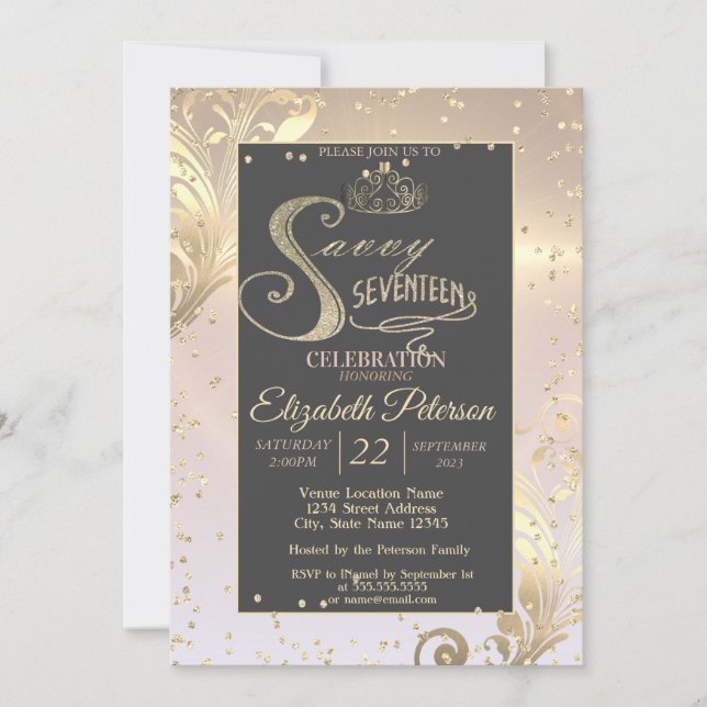 Gold Tiara Sweet Diamonds Savvy Seventeen Invitation (Front)