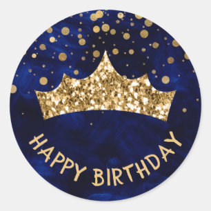 Gold Tiara with gold bokeh & Dark Blue birthday Classic Round Sticker