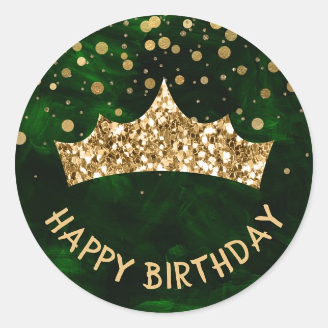 Gold Tiara with gold bokeh & Green birthday Classic Round Sticker (Front)
