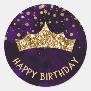 Gold Tiara with gold bokeh & Purple birthday Classic Round Sticker