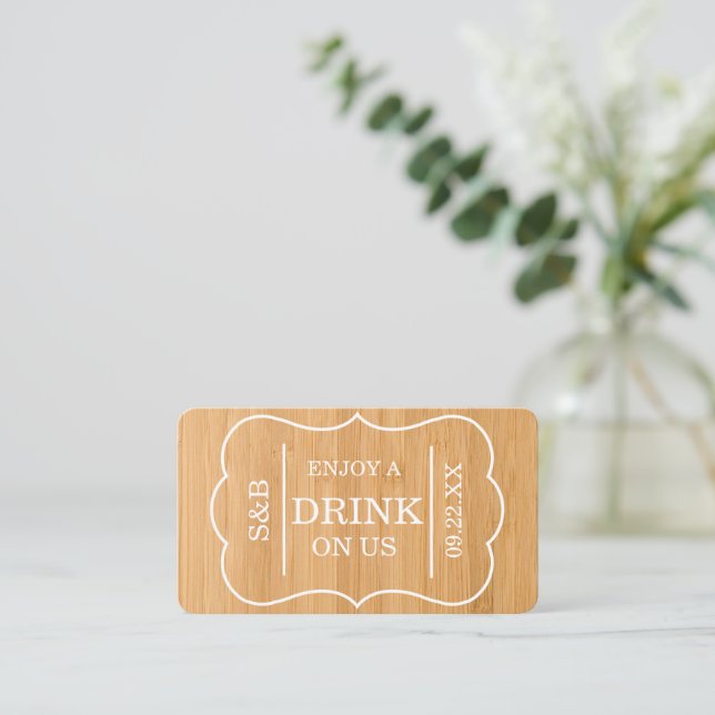 Gold Ticket Style "Enjoy A Drink On Us" Enclosure Card (Standing Front)