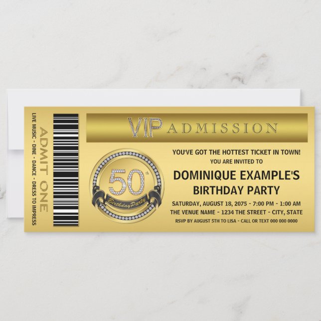 Gold Ticket VIP 50th Birthday Party Invitation (Front)