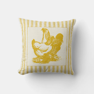 Gold Ticking with Rooster and Chicken Cushion