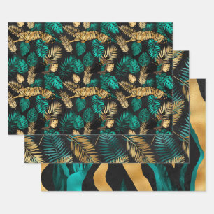 Gold Tiger Print with Tropical Leaves Pattern Wrapping Paper Sheet