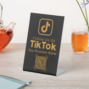 Gold TikTok Follow Us QR Code Business Name Pedestal Sign