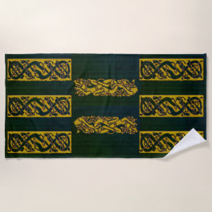 Gold Tiled Celtic Knot Dragon Hounds Beach Towel