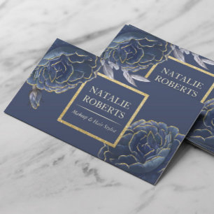 Gold Tipped Blue Floral Makeup Artist & Hair Salon Business Card