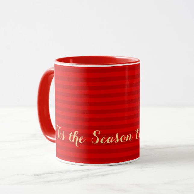Gold Tis Season to be Jolly Christmas Red Stripes Mug (Front Left)