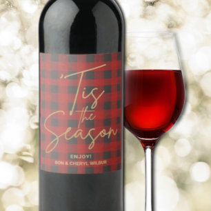 Gold Tis the Season Red Buffalo Plaid Wine Label