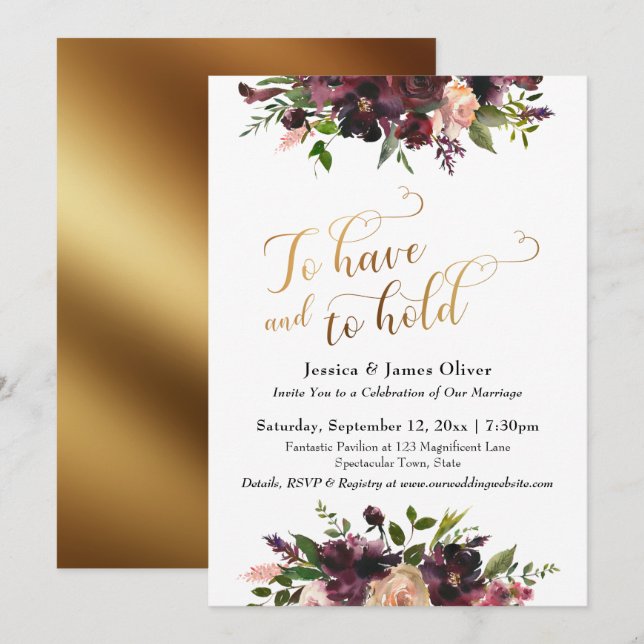 Gold To Have and To Hold Dark Red Burgundy Floral Invitation (Front/Back)