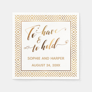 Gold To Have & To Hold Hearts Diamonds on White Napkin