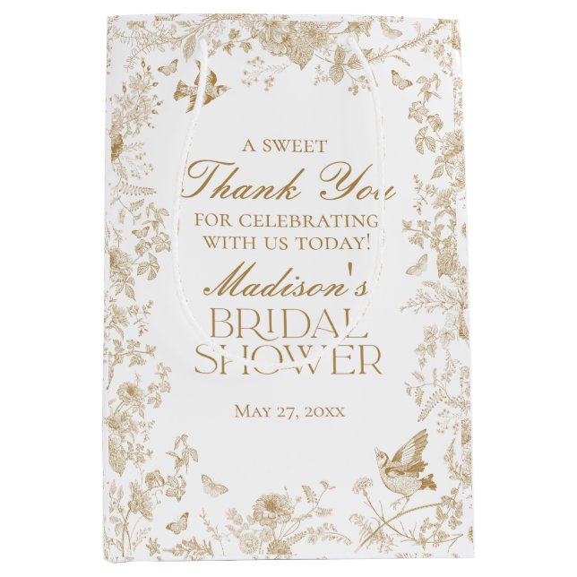 Gold Toile De Jouy Bridal Shower Favours Medium Gift Bag (Front)