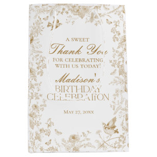 Gold Toile De Jouy Floral Birthday Party Favours Medium Gift Bag