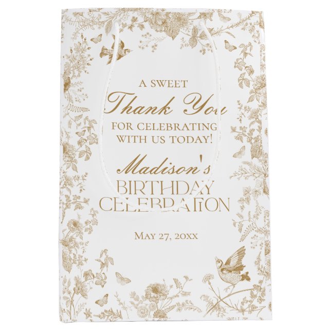 Gold Toile De Jouy Floral Birthday Party Favours Medium Gift Bag (Front)