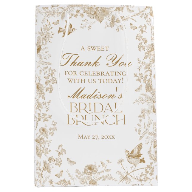 Gold Toile De Jouy Floral Bridal Brunch Favours Medium Gift Bag (Front)