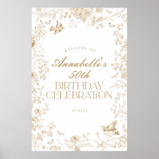Gold Toile Jouy Floral Birthday Party Welcome Sign