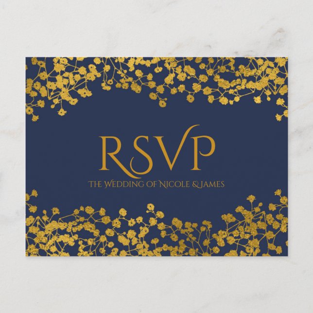Gold Tone Baby's Breath Blue Elegant Floral RSVP Invitation Postcard (Front)