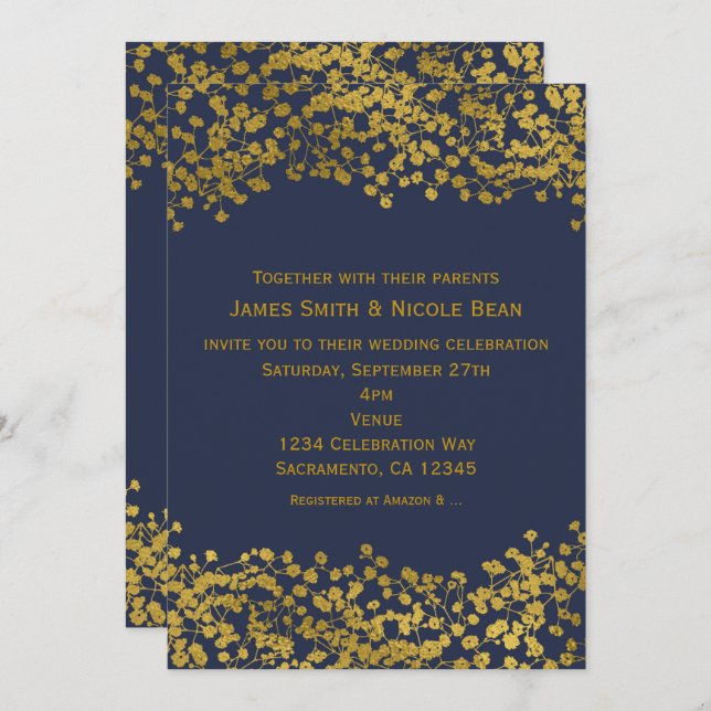 Gold Tone Baby's Breath Blue Elegant Invitations (Front/Back)