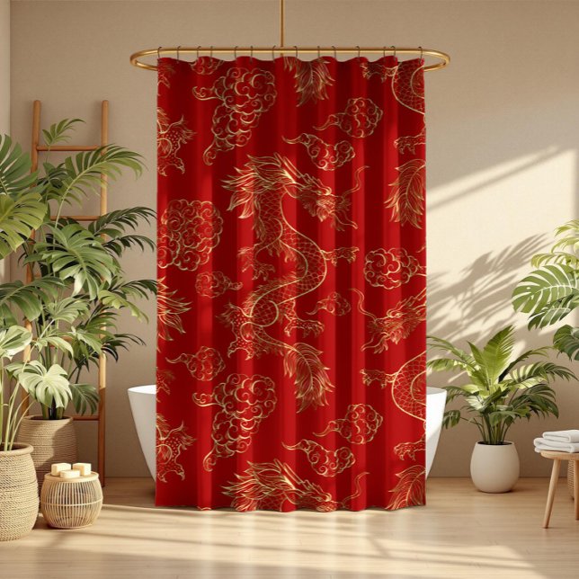 Gold Tone Chinese Dragon and Red Shower Curtain (Creator Uploaded)